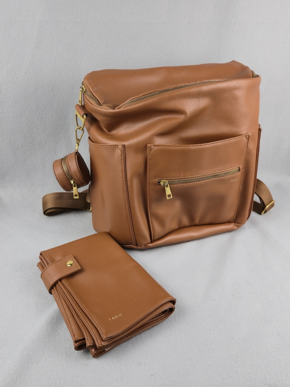 FAWN Design Cognac Brown Vegan Leather Convertible Diaper Bag Backpack